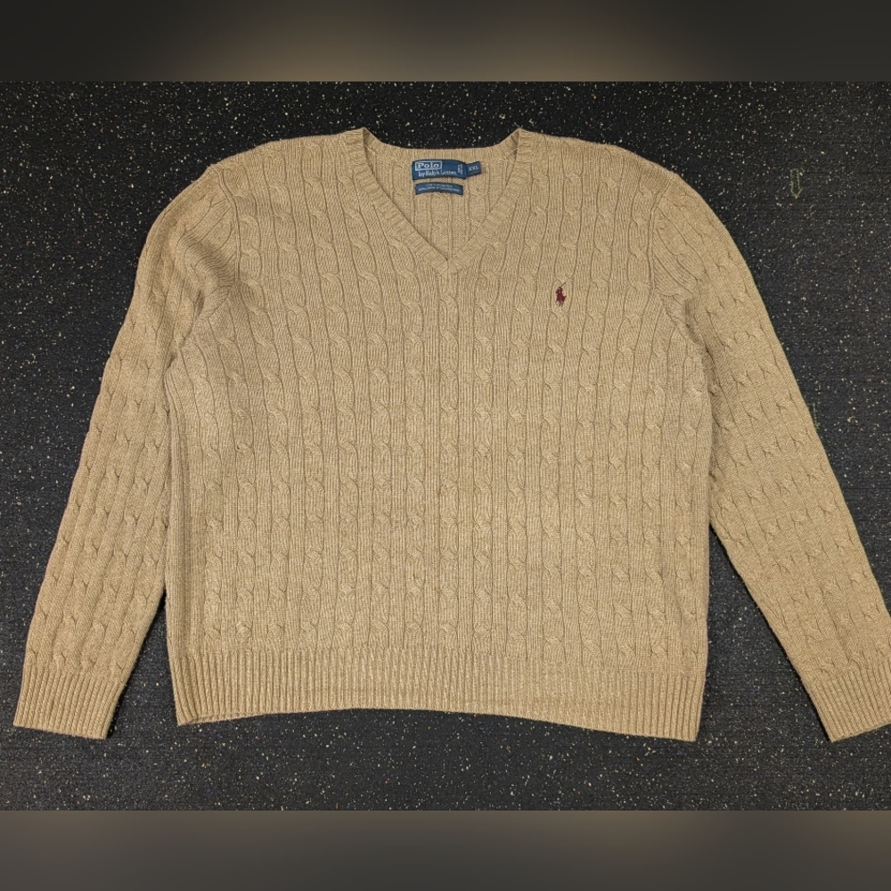 Polo Ralph Lauren Men's XXL Beige Tan Cable Knit V-Neck 100% Tussah Silk Sweater